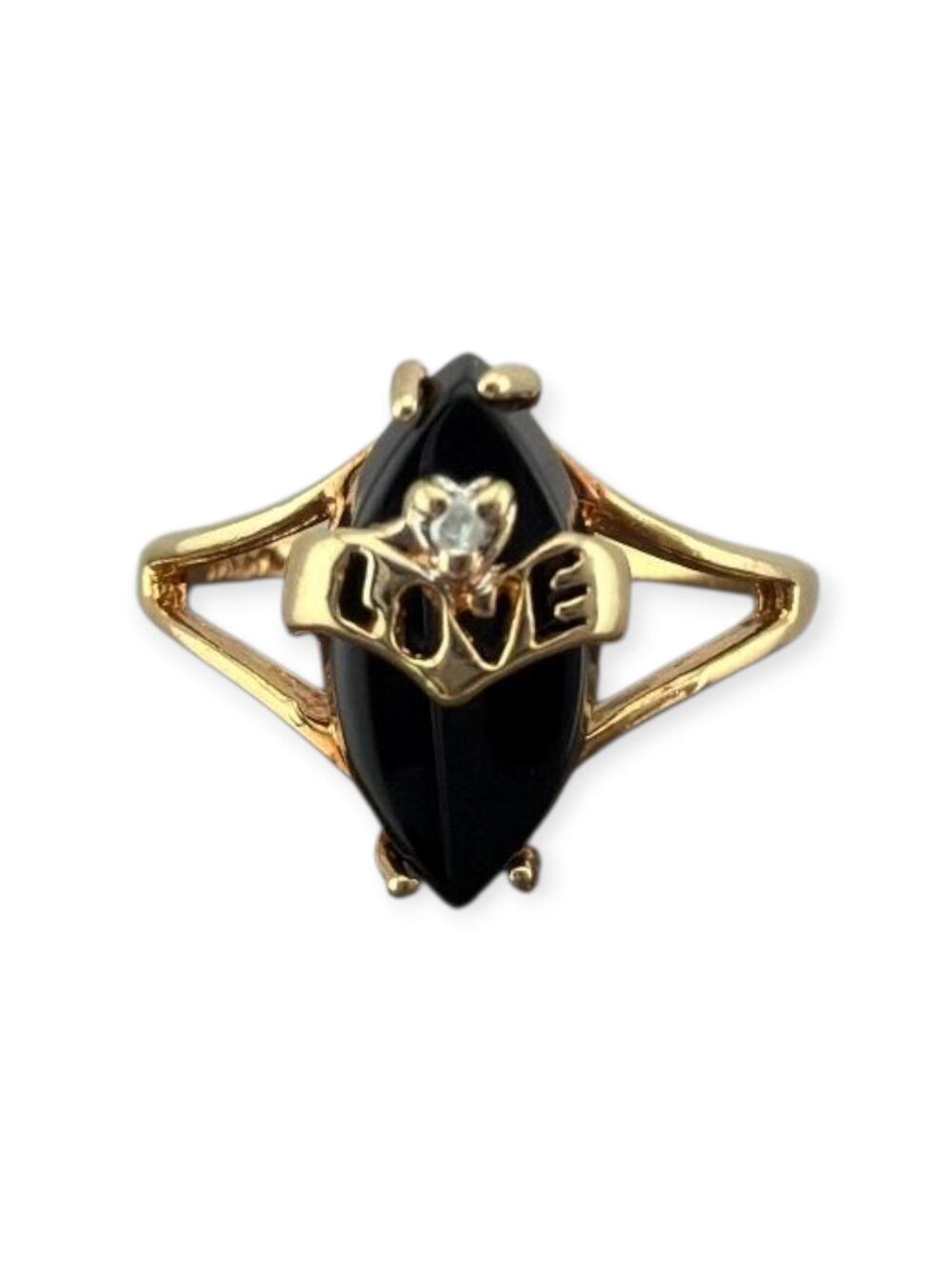 Vintage 10k Gold Onyx Love Ring With Diamond Accent / Size 5.75